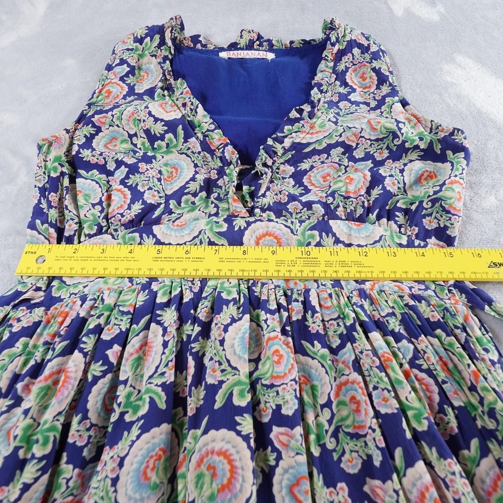 Banjaran Floral Silk Dress Womens XS Blue Knee Length Ruffle Full Skirt Tie Back - Picture 8 of 14